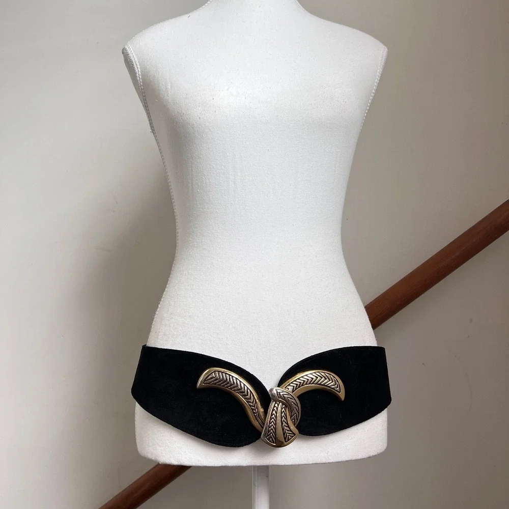 Vintage 80s Statement Belt Black Suede Leather Gold Ornate Buckle Wide Thick